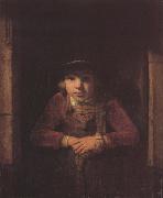 Samuel van hoogstraten A Young Man wearing a Hat decorated with Pearls and a gold Medallion in a Half-Door (mk33)